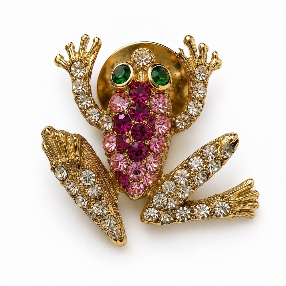 Jay Strongwater Frog Brooch Swarovski Crystal Rhinestone Pink Gold Tone Figural